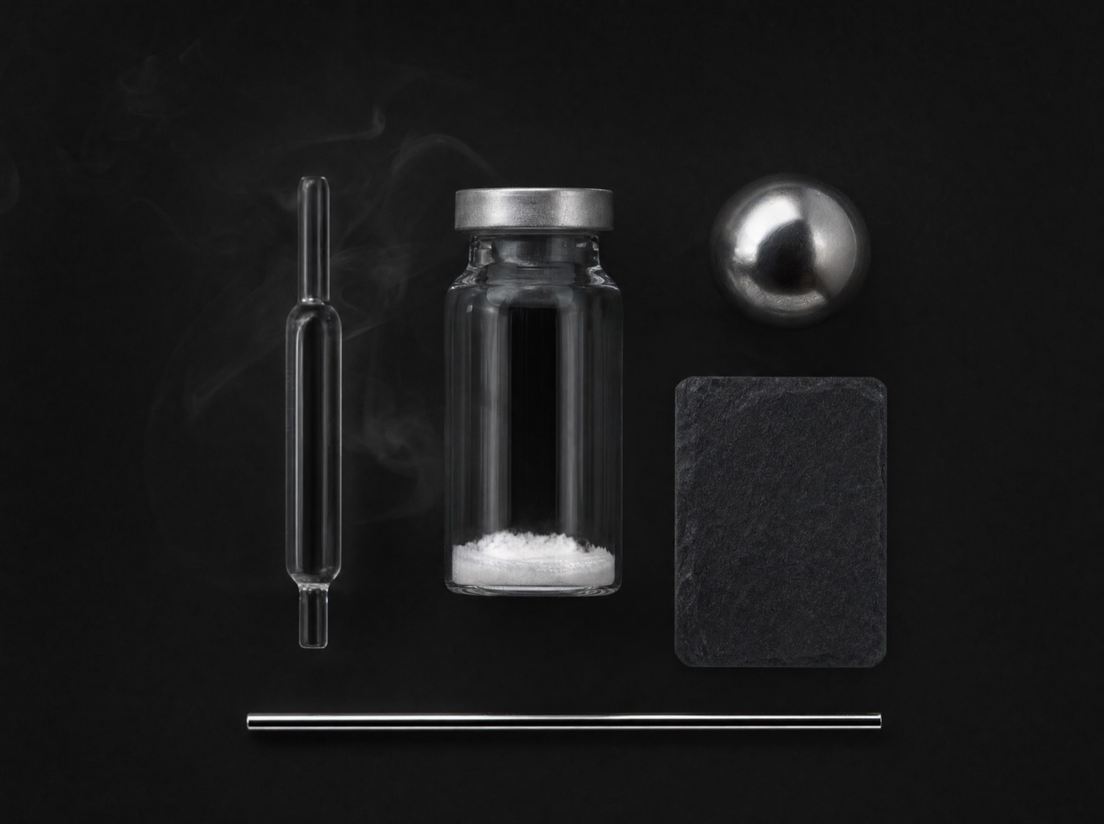 Lyophilized research peptide vial with laboratory instruments on slate